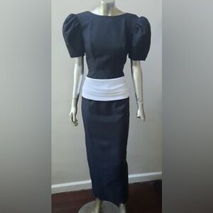 Black White Vintage 80s Puff Sleeves Ruffles Deep Back Dress Midi Maxi Split